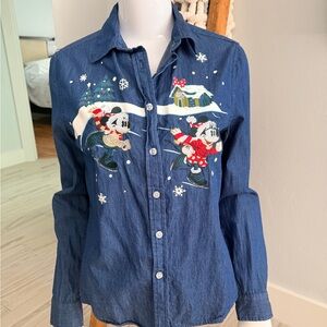 Disney Blue Button Down Shirt with Mickey and Minnie Design Small
